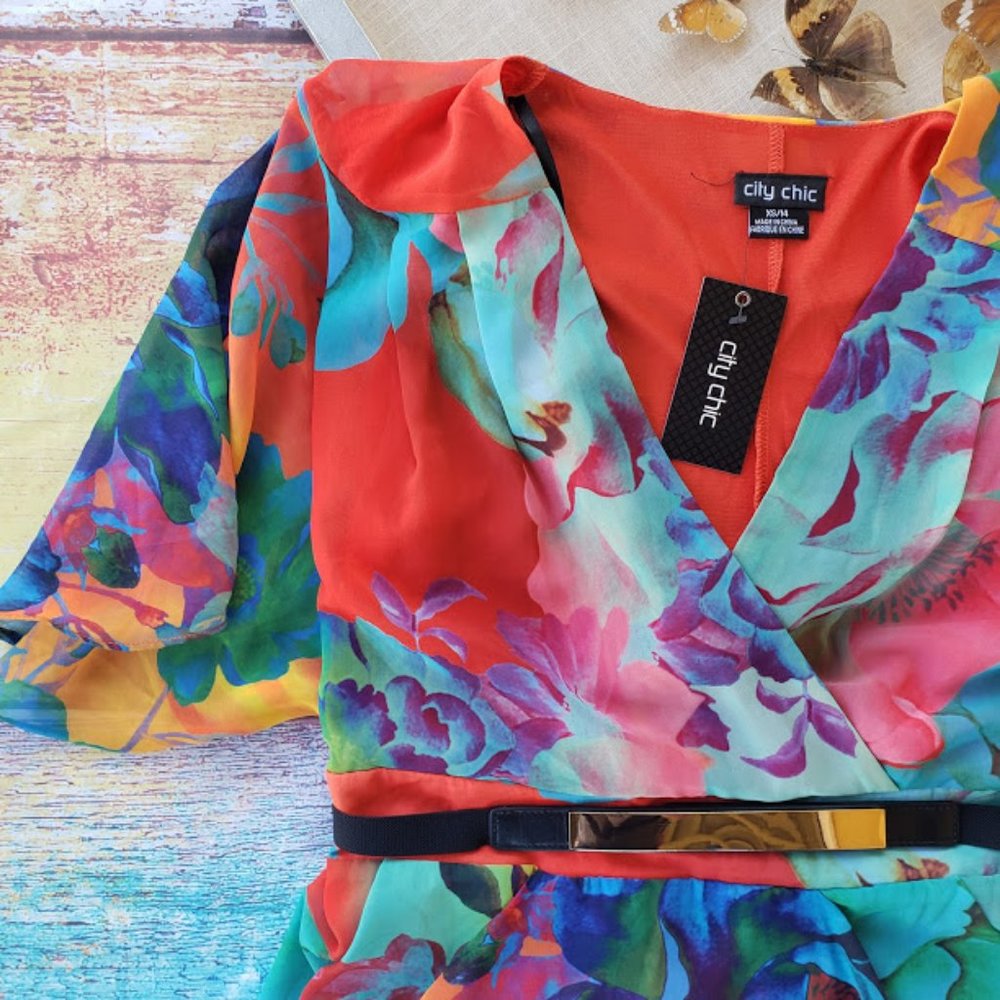 NWT City Chic Summer Faux Wrap Chiffon Dress - Picture 8 of 12